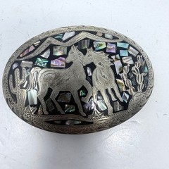 Vintage Mexico Alpaca Silver Horse Belt Buckle Abalone Shell Mosaic Inlay 3.25&Prime;