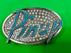 Pinup Girl – Blue Lettering Fashion Statement Novelty Jeweled Oval Belt Buckle