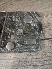 Vintage Bergamot Brass belt buckle 1984 Gold Miner, silver color Made in USA 23f