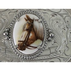Vintage Western Horse Belt Buckle Silver Tone Engraved Floral Equestrian Oval