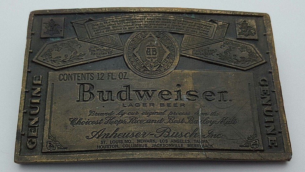 Vintage Budweiser King of Beers 12 Oz Bottle Label Brass Metal Belt Buckle A-168