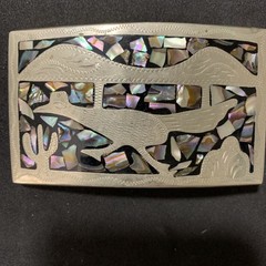 Western Belt Buckle with Roadrunner Bird Abalone Shell Southwest Cactus Inlaid