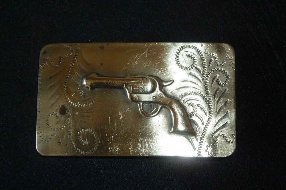 Vintage Western Brass Belt Buckle Embossed Revolver Gun Pistol Solid Bar RARE