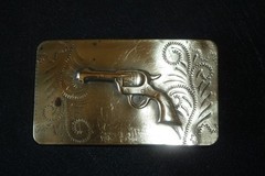 Vintage Western Brass Belt Buckle Embossed Revolver Gun Pistol Solid Bar RARE