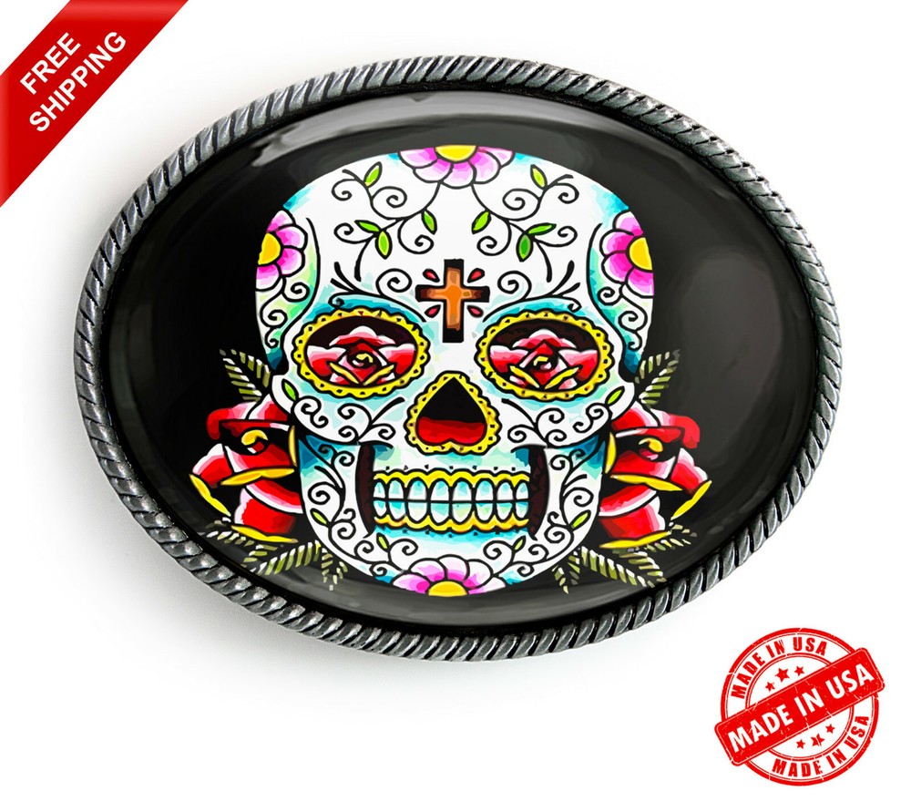 Day of the Dead Sugar Skull Silver Oval Halloween Handmade Belt Buckle – 55