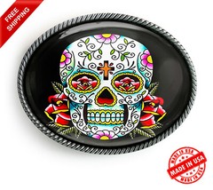 Day of the Dead Sugar Skull Silver Oval Halloween Handmade Belt Buckle – 55