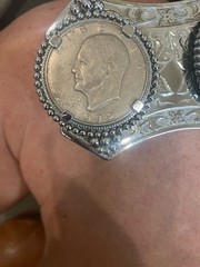 Silver Western Coin Men’s Belt Buckle, Oval Floral Pattern, Beaded Metal