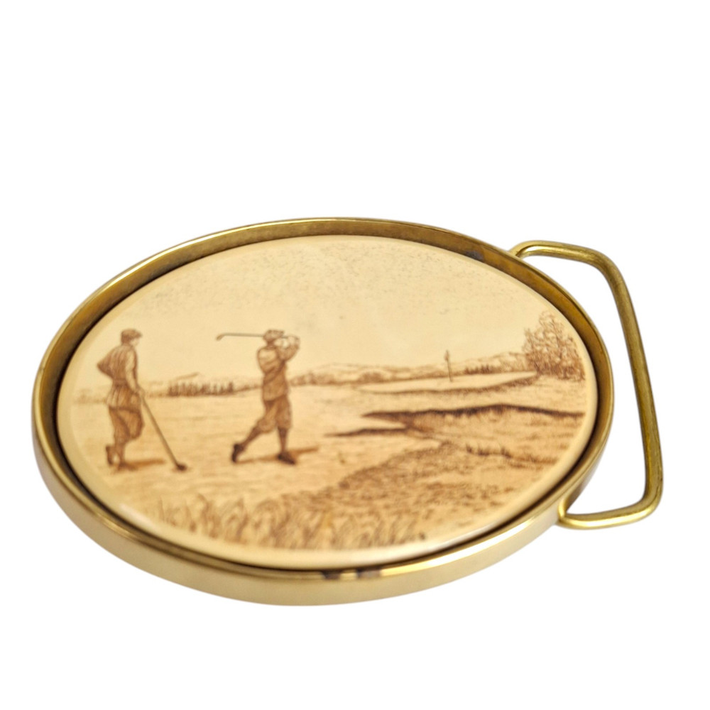 Vintage GOLF belt buckle BRASS 19th century image BARLOW grandpacore 80s