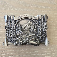 VTG &rsquo;83 Bergamot Brass Works « God&rsquo;s Country » Belt Buckle- Kayak Mountains Forest
