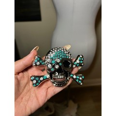 Rhinestone Skull and Crossbones Belt Buckle Silver Teal Clear Crystal Bling