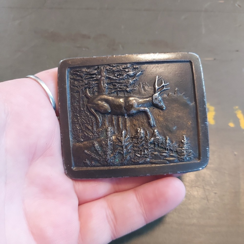Vintage 1977 Indiana Metal Craft Deer Buck Belt Buckle Brass Rectangle 3×2.5