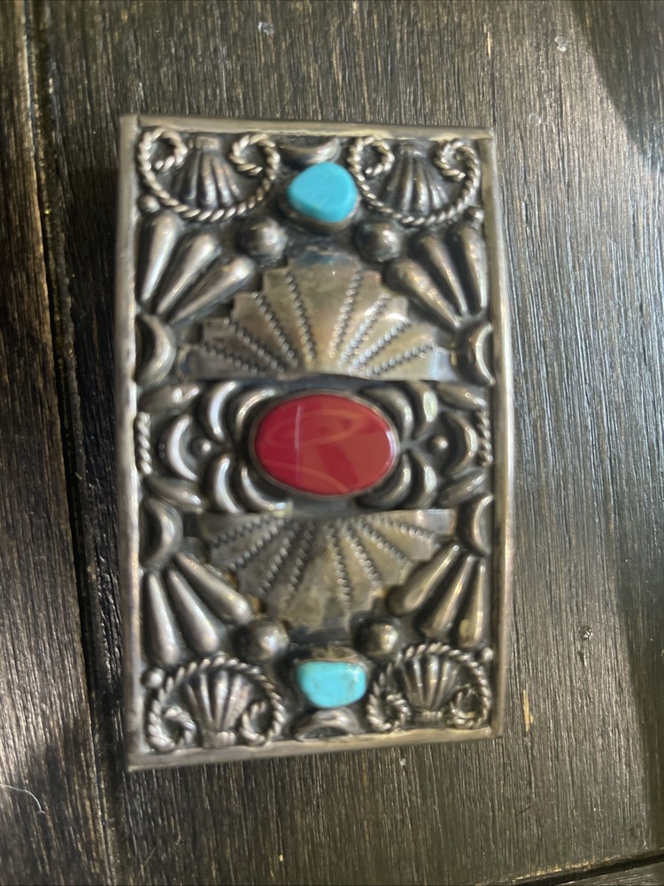 Vintage Native American Mexico Silver Turquoise & Coral Belt Buckle – 56 G