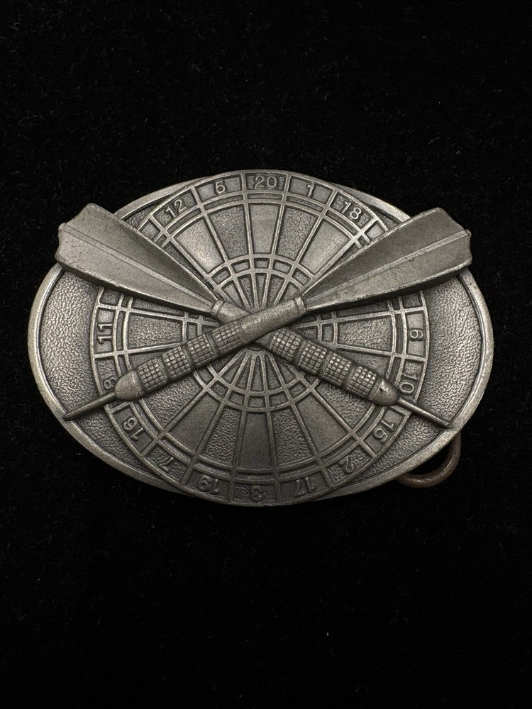 Vintage 1984 Bergamot Brass Works belt buckle dartboard and crossed dart RARE