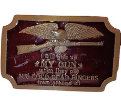 Men Belt Black Brass Buckle MY GUN Indiana Metal Craft 1977 Vintage 43in Clean