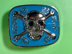 Jolly Roger Pirate Skull Head & Crossbones Blue Enamel Colored New Belt Buckle
