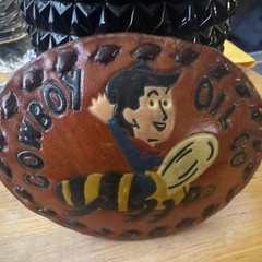 Vintage Go Boy Oil Co Belt Buckle Cartoon Cowboy Riding Bee Oilfield Advertising