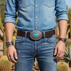 New Men Silver Metal Buckle Native Ethnic Aztec Style Oval Turquoise Blue Color