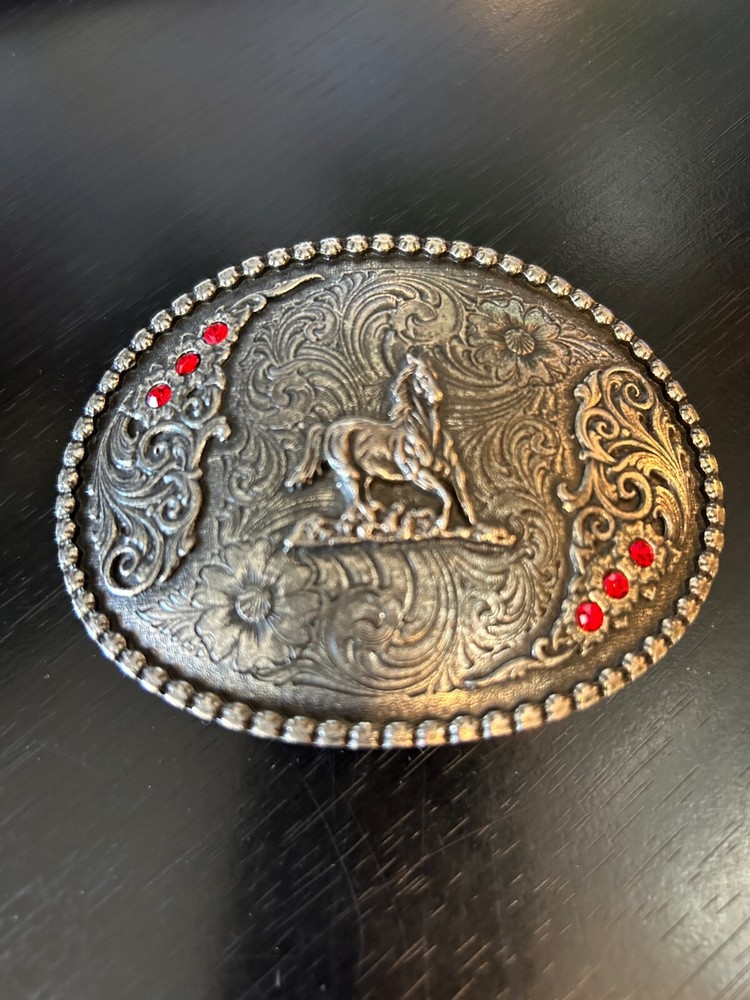 Vintage Collectible Horse Rhinestones Flowers Silver Tone Metal Belt Buckle