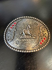 Vintage Collectible Horse Rhinestones Flowers Silver Tone Metal Belt Buckle