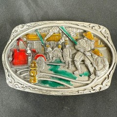 Vintage 90s C&J Firefighters At Work Belt Buckle Colored Enameled 3.5&Prime; Made USA