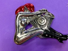 Woman Hugging V-Twin Engine with Red Enamel Hair Novelty Figural Belt Buckle