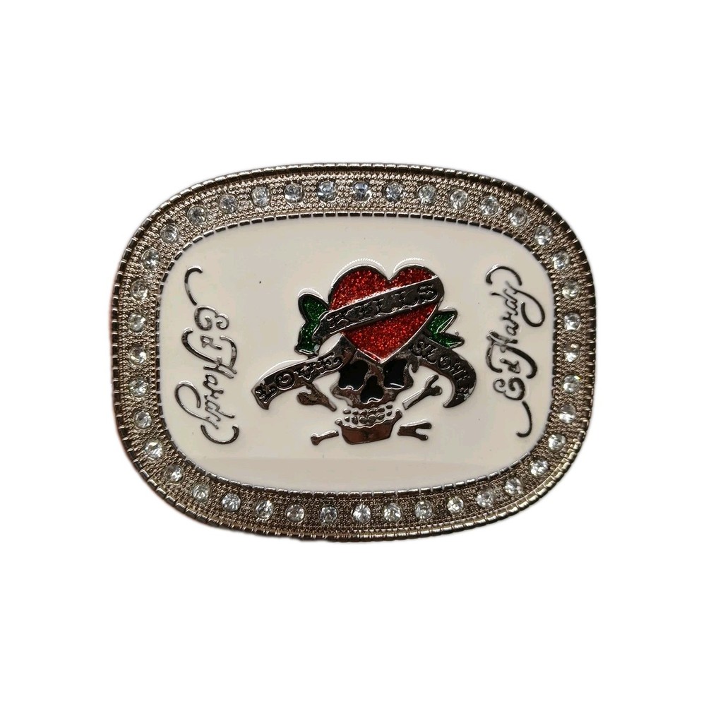 Ed Hardy Love Kills Slowly Belt Buckle Diamonds Heart Skull 3×4