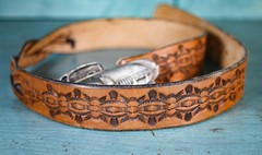 Vintage Bergamot Brass Works 1981 Corvette Belt Buckle 42&Prime; Tooled Leather Belt