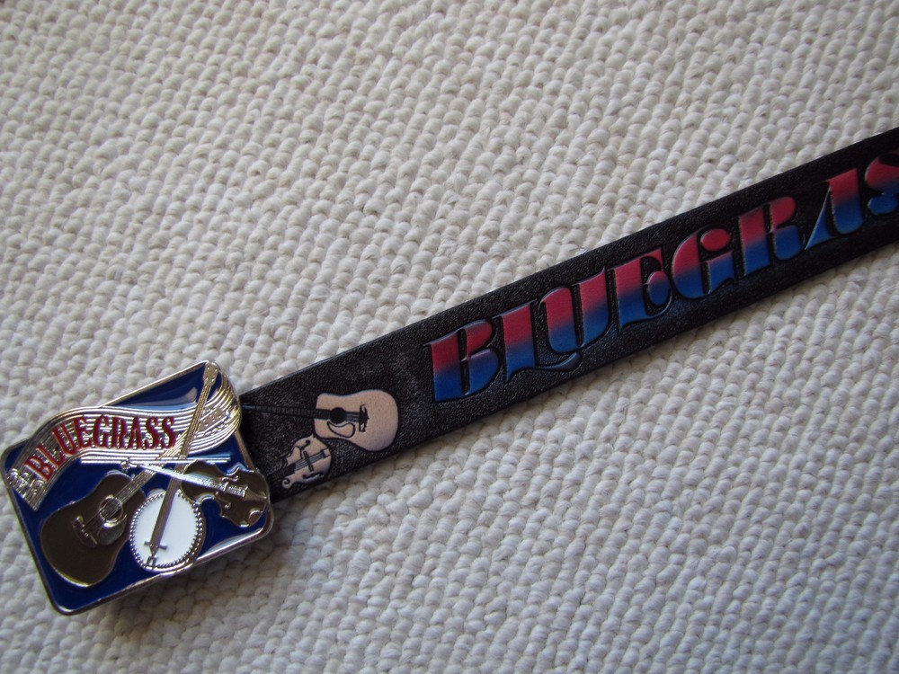 BLUEGRASS Genuine Leather Belt & Bluegrass Music Epoxy Buckle Sizes 28&Prime;-52&Prime;