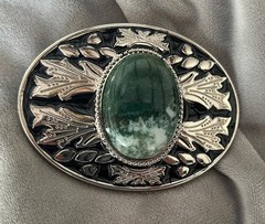 Green Stone Western Belt Buckle Silver Tone Gemstone Cowboy Snap On Belt Set