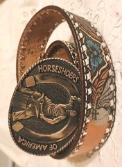 HORSESHOERS AMERICA AWARD DESIGN SOLID BRASS BUCKLE W/ LEATHER WILSON BELT SZ40