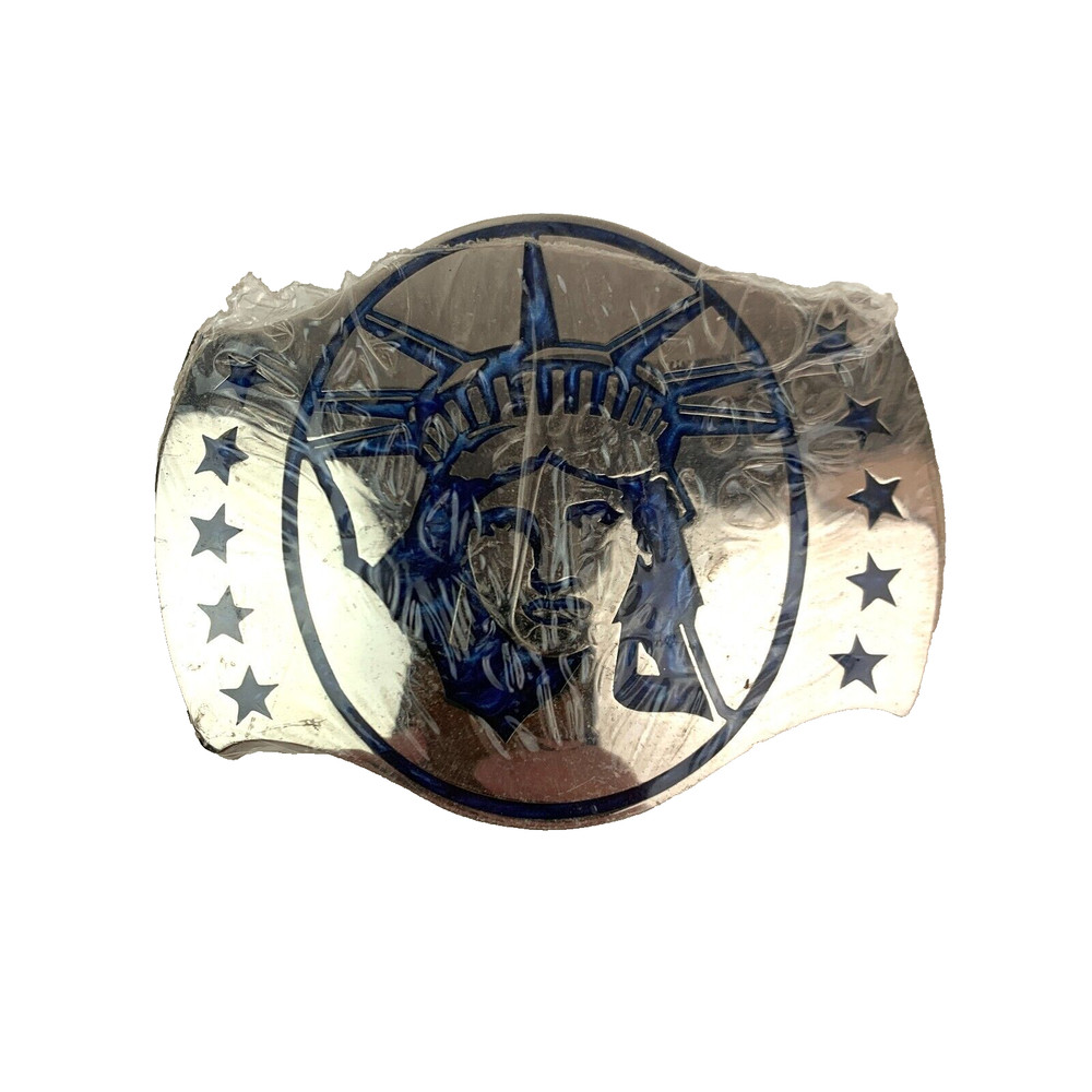 Vintage Statue Of Liberty Silver Plate Blue Metal Resin Belt Buckle ADM New