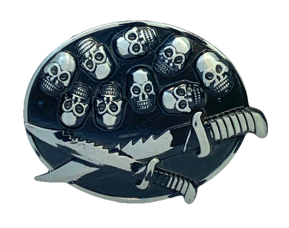 Skulls & Swords Skull Belt Buckle Metal 4”x 3” Fits Belts Up To 1.75” Wide 13
