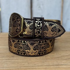 Genuine Laser Cut Leather Centenario Western Belt with Removable Buckle – Gold