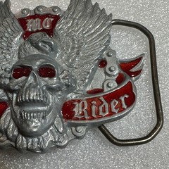 Winged Skull Eagle MC Rebel Rider Belt Buckle Silver Tone Red Enamel Reissue