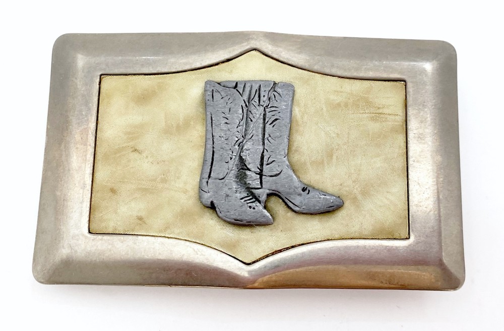 Vintage Western Silver Tone Cowboy Boots Inlay Belt Buckle 3”