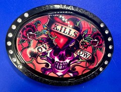 Ed Hardy Love Kills Slowly Signature Tattoo Skull with Rhinestones Belt Buckle