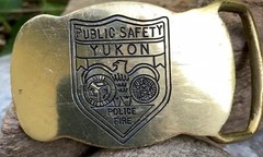 Vintage YUKON Public Safety Solid Brass Belt Buckle Police Fire Badge 2×3”