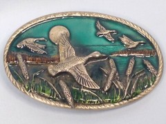 Flying Ducks Western Heavy Oval Painted Silver 3.5 X 2.5 inches Belt Buckle