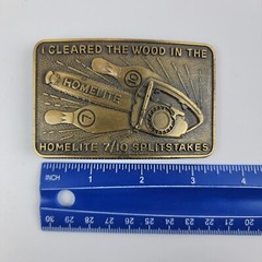 Vintage Solid Brass Homelite Chainsaw 7/10 Splitstakes Belt Buckle 3.5×2.25 EUC
