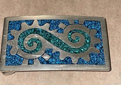 made in MEXICO vintage BELT BUCKLE turquoise SILVER gold 3×1.75” aztec inca