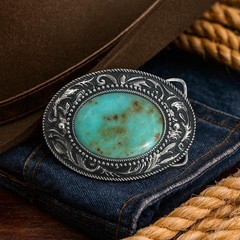 Turquoise Stone Belt Buckle Engraved Silver Western Cowboy Rodeo Design