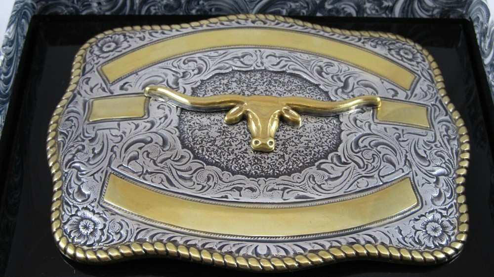 Crumrine Western Rectangle LONGHORN SKULL Belt Buckle 3807213