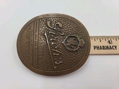 vintage 1970s belt buckle STROHS beer SOLID BRASS detroit WESTERN bohemian