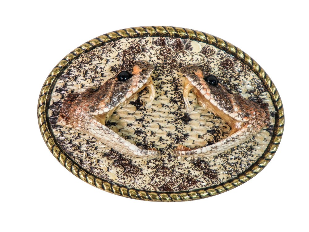Real Rattlesnake Belt Buckle:Dueling heads in Oval (598-BB402)