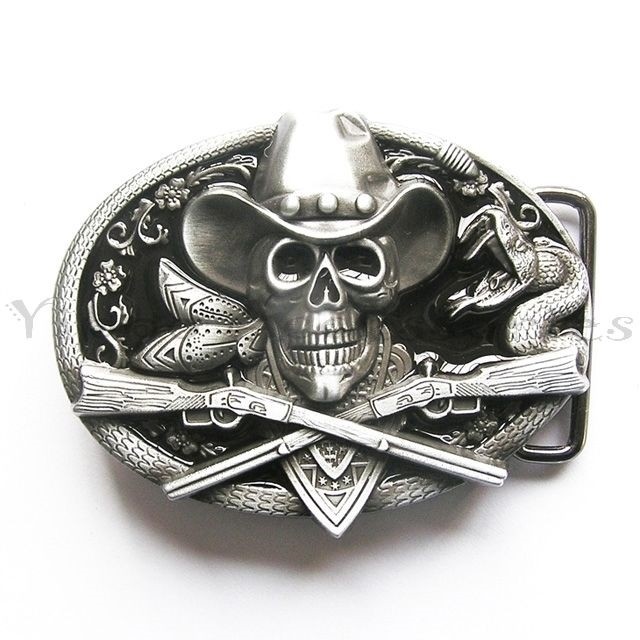 Skull Cowboy Rifles Western Metal Black Enamel Belt Buckle