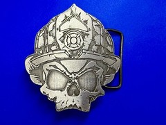 Firefighter Fireman Skull Wearing Helmet Promo Black Helmet Apparel Belt Buckle