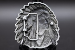 Indian Chief Head Belt Buckle Silver Finish Red White & Turquoise Accen