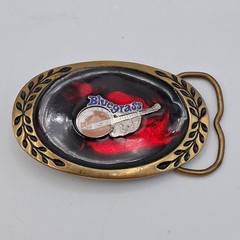 Vintage Bluegrass Belt Buckle Brass 3D Bango Red Enamel Inlay Blue Script Rare
