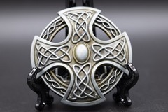 Vintage Style Celtic Cross Belt Buckle Intricate Knotwork Oval Center Cabochon