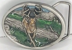 VTG 1984 Belt Buckle Bergamot Brass Works Pewter Buck Deer Hunting Nature Scene